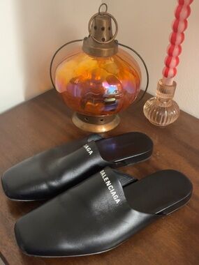 Balenciaga Black Leather Slip-On Mules